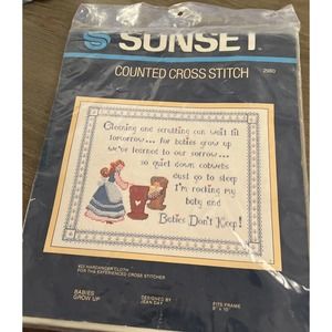 Vtg SUNSET Babies Grow Up Counted Cross Stitch Kit Hardanger Cloth Sealed